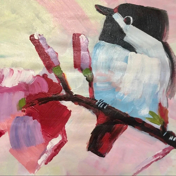 Bird in branch painting unstretched oil on canvas 20 x 20 in - Picture 6 of 8